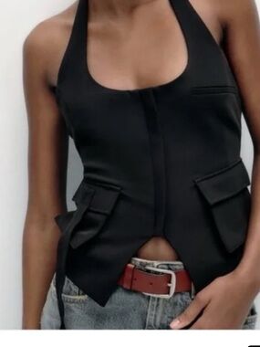 ZARA Cropped Halter Utility Tailored Vest - Black XS NWOT